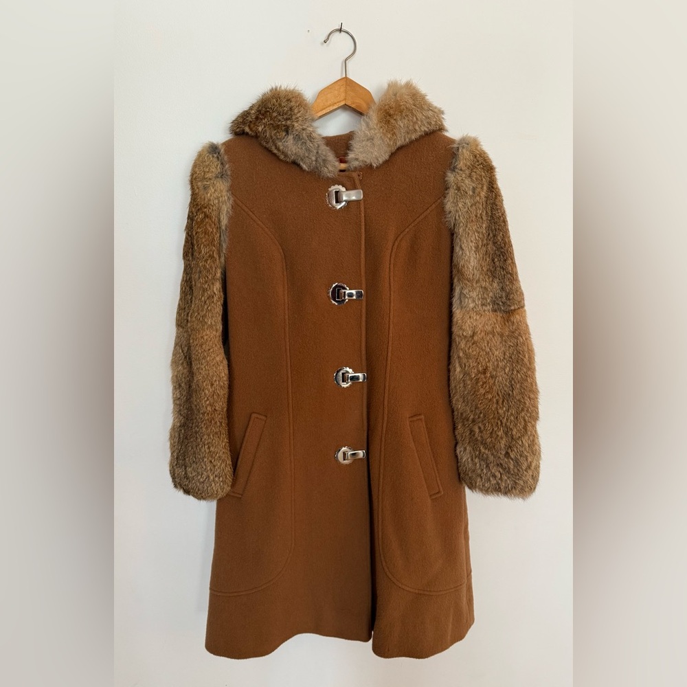 Vintage Wool and Fur Toggle Coat with Hood XS Camel Colored